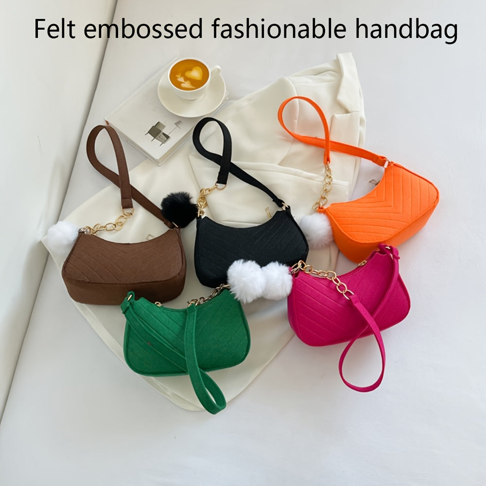 Chic Felt Women's Shoulder Bag with Pom-Pom Charms - Adjustable Strap, Quilted Design, Available in White/Red/Black - Ideal Holiday Gift, Novelty Purse