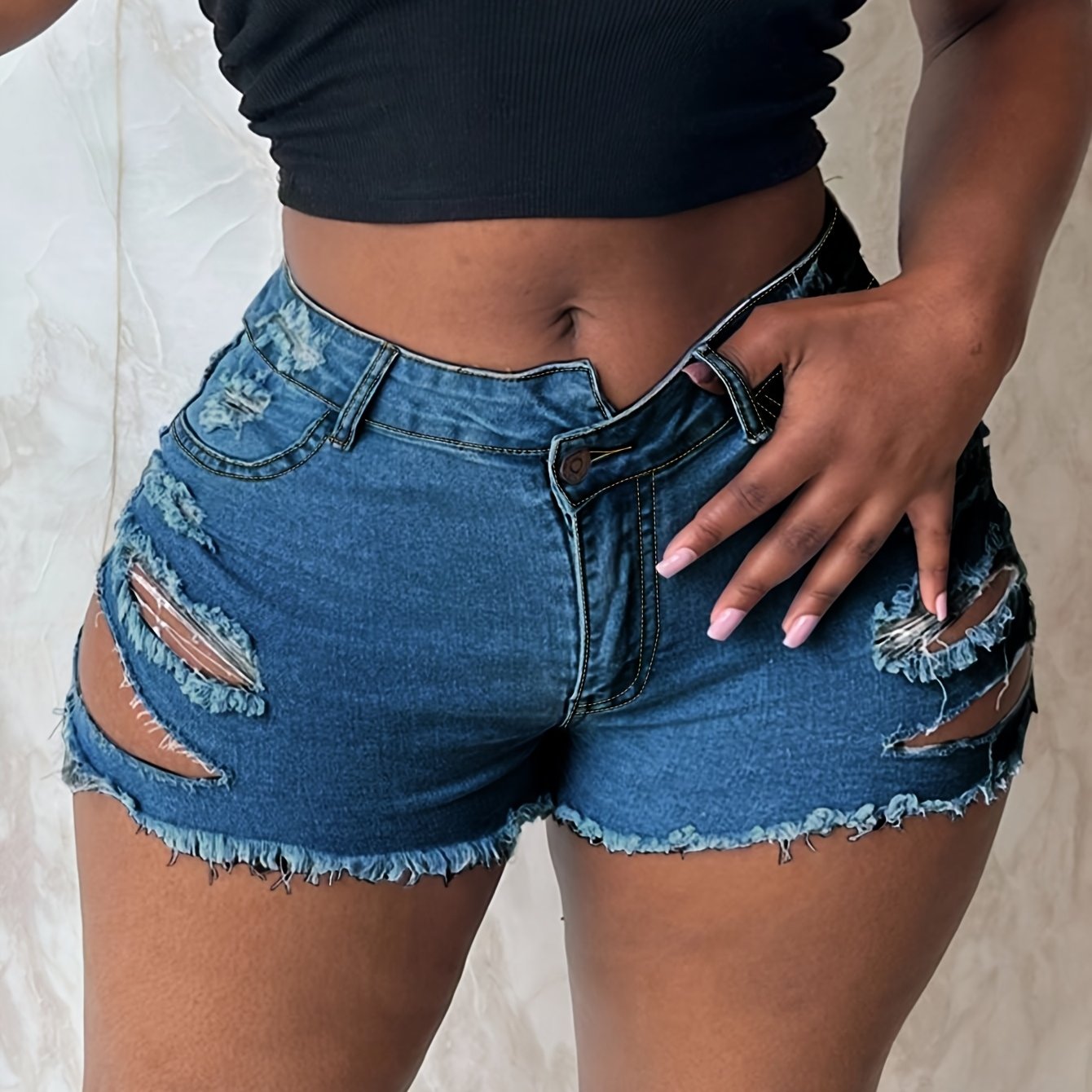 Women's Mid-Rise Ripped Denim Shorts with Frayed Hem, Distressed Detailing & Built-in Zipper Pockets - Casual Summer Straight Leg Jean Shorts in Blue, Summer Casual Wear | Trendy Ripped Shorts | Durable Denim