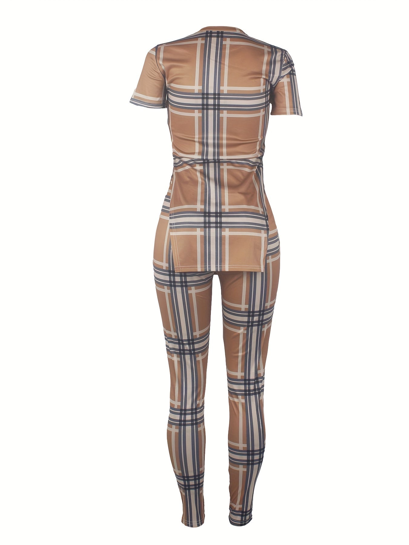 Plaid Print Casual Two-piece Set, Side Split Short Sleeve Top & Slim Pants Outfits, Women's Clothing