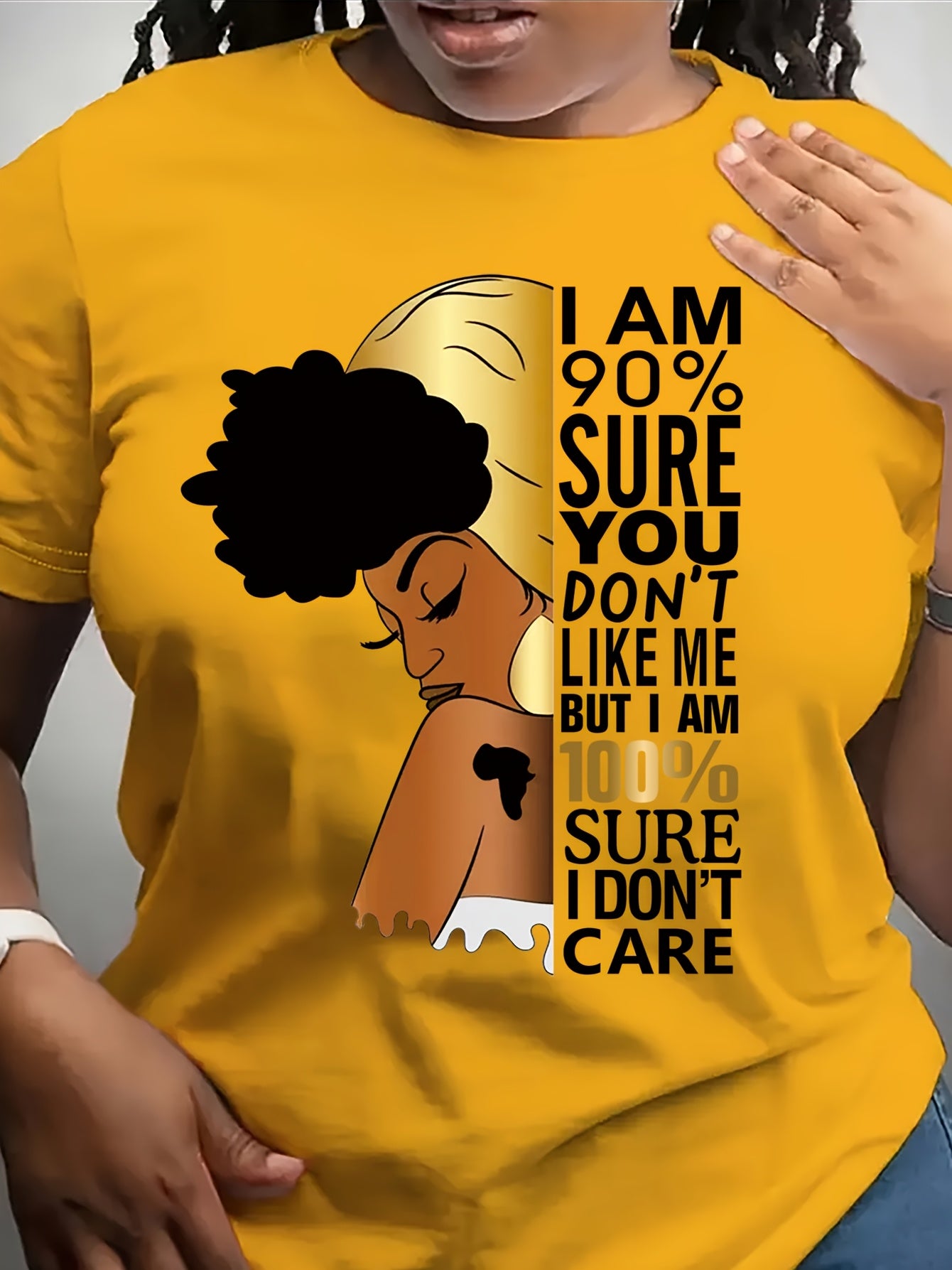 Women's Purple "I Don't Care" Empowerment Print T-Shirt - 100% Positive Affirmation Short Sleeve Top with Golden Accents, Round Neck Casual Summer Shirt, Machine Washable & Semi-Sheer for Layering, Everyday Fashion, Fashion S