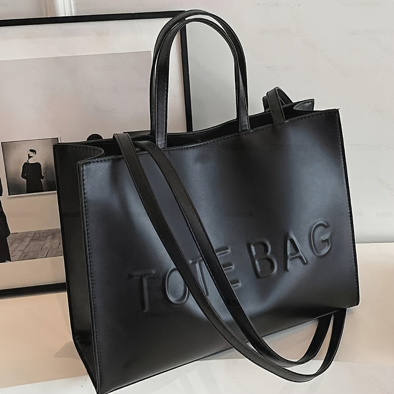Stylish Black Tote Bag with "TOTE BAG" Embossed Design – Large Capacity Shoulder Handbag for Women, Perfect for Commuting and Casual Outings, Snap Button Closure