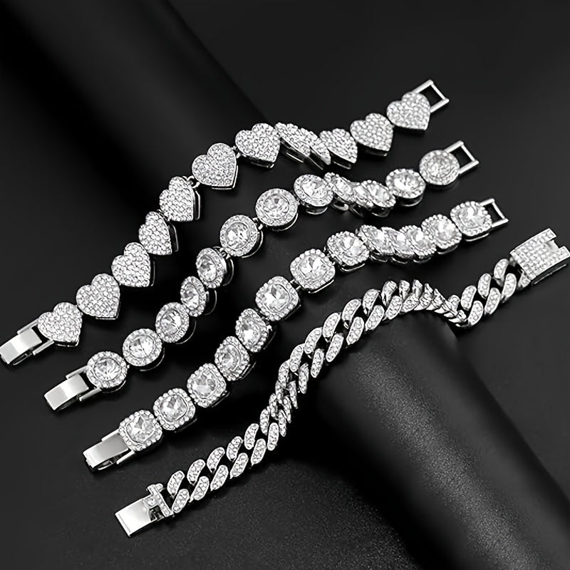 4pcs Set Golden Bracelet Women Girls Silvery Cluster Tennis Bracelet Women Heart Round Cuban Bracelet Layered Link Bracelet Set Fashion Jewelry Women Girls Gift Set