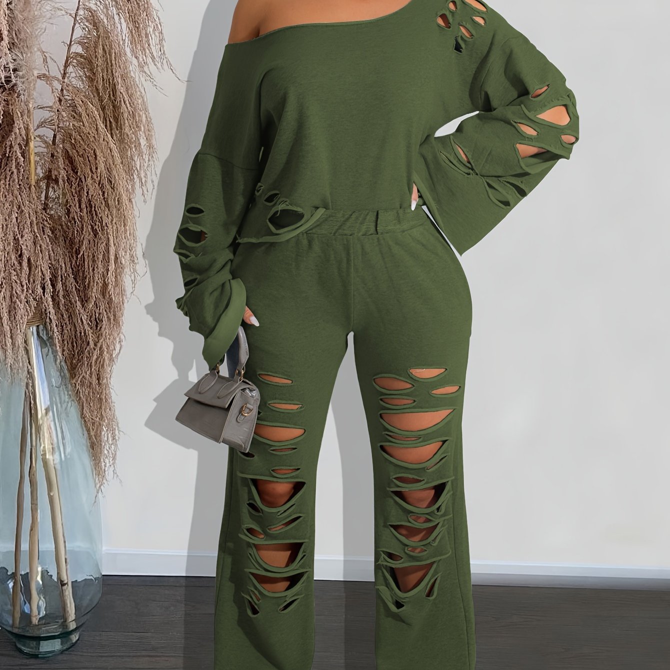 Casual Solid Cut Out Two-piece Set, Long Sleeve Asymmetric Top & Long Pants Outfits, Women's Clothing