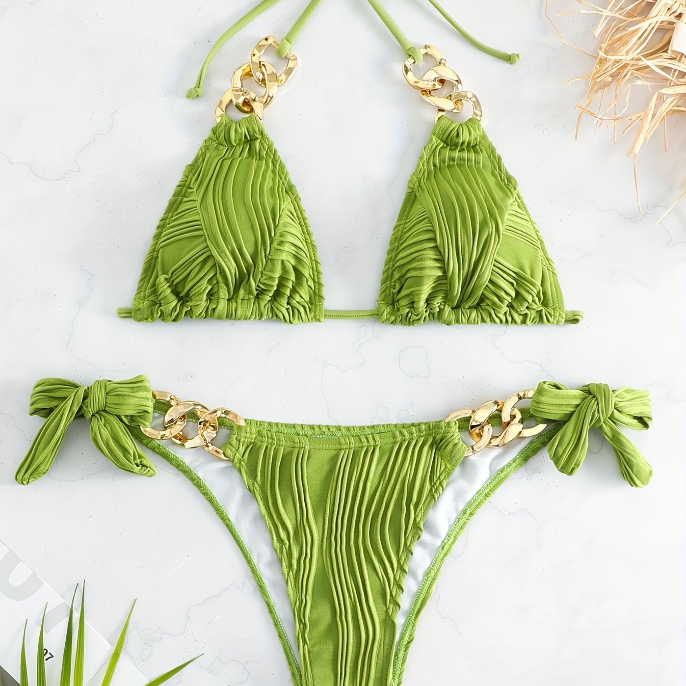 Stripes Ruched Texture Golden Chain Ring Link Halter 2 Piece Set Bikini, Bow Tie Side Triangle Halter Tie Neck Stretchy Swimsuit For Beach Pool Bathing, Women's Swimwear & Clothing