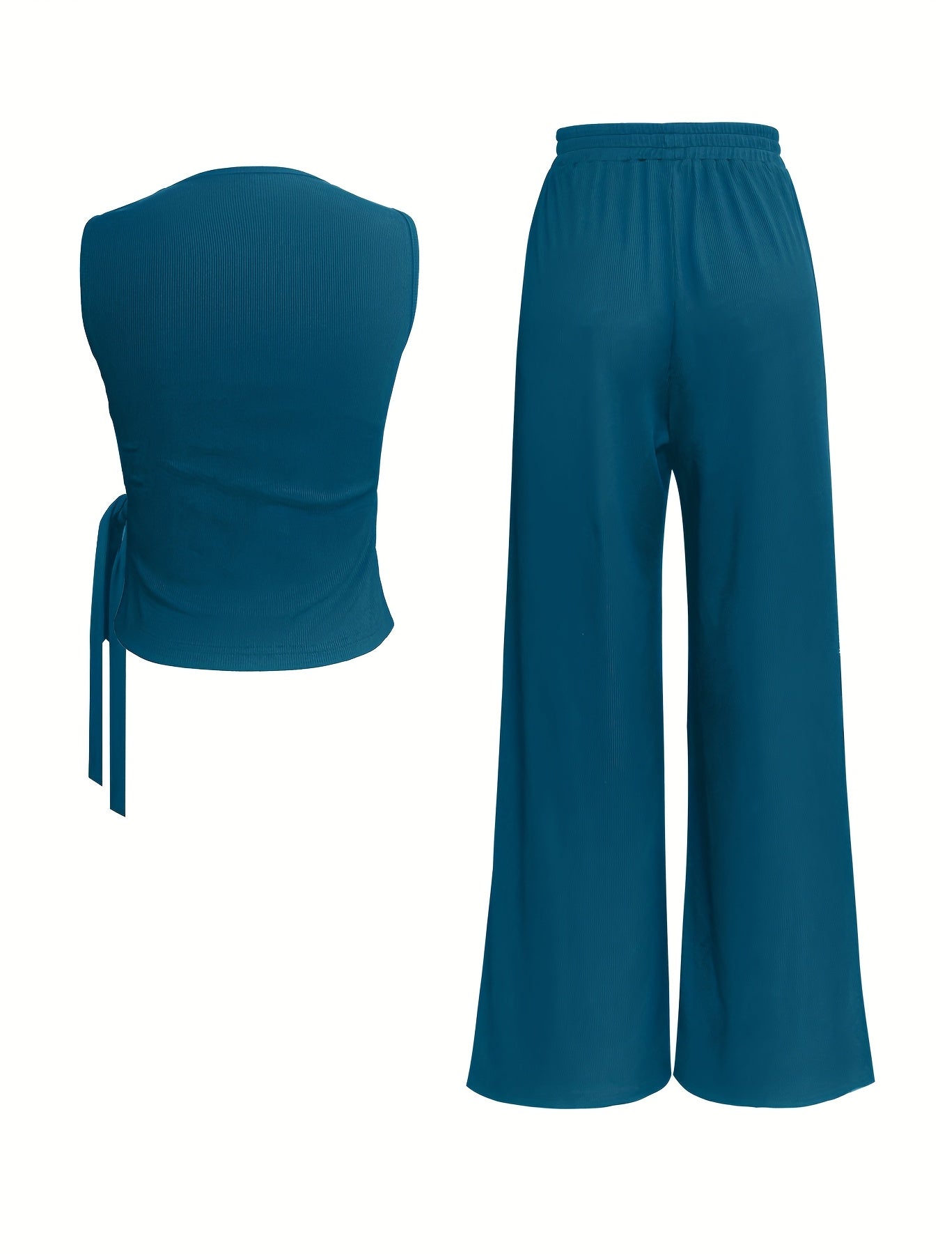 Elegant Women's Sleeveless Ribbed Top & Wide-Leg Pants Set – Bow Detail, Stretchy Knit Two-Piece Outfit for Spring/Summer