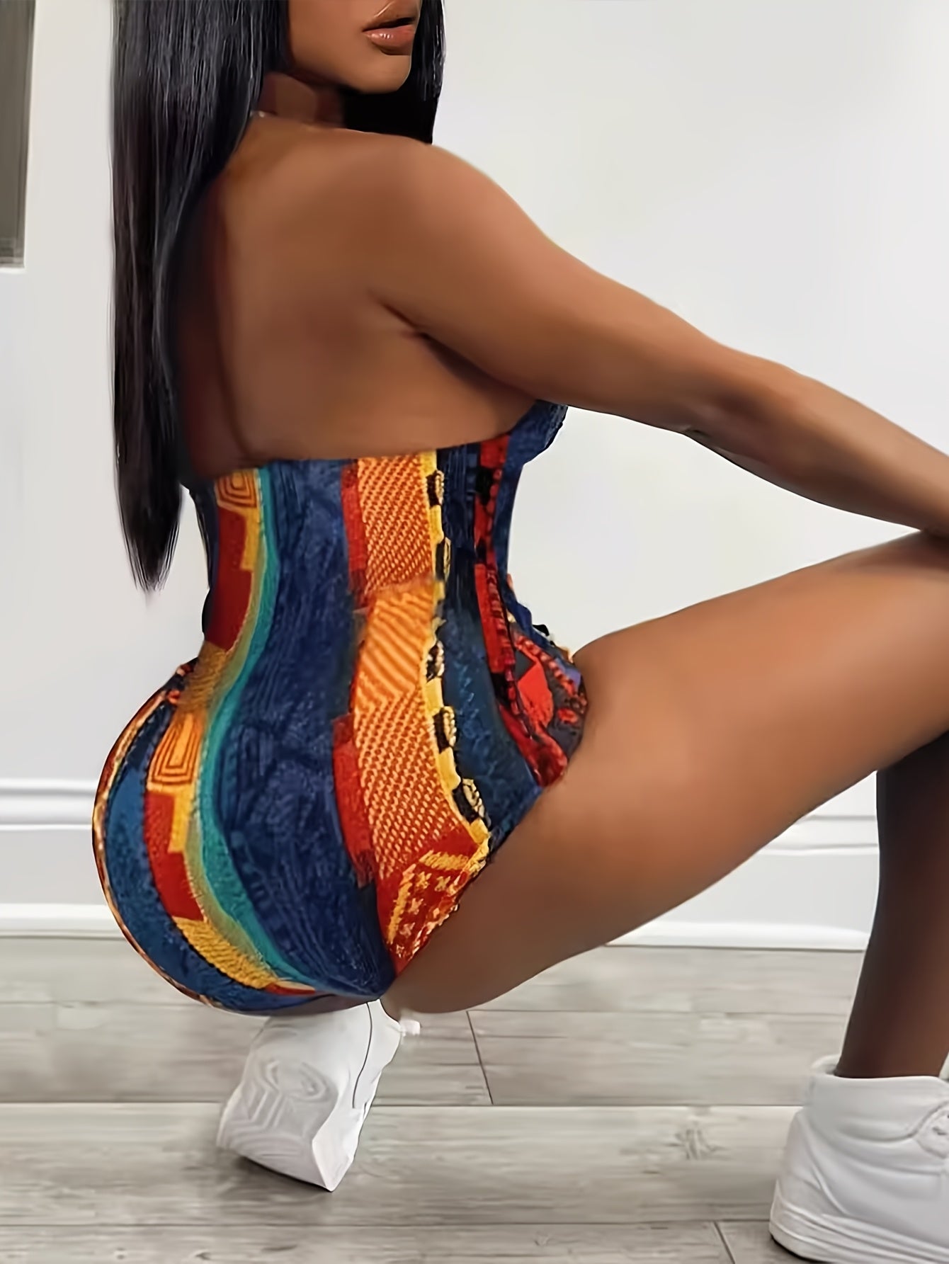 Women's Slimming V-Neck Cami Romper - Colorful Striped Print, Backless Design, Perfect for Beach & Casual Outings, Beach Attire | Slim Fit | Knit Construction