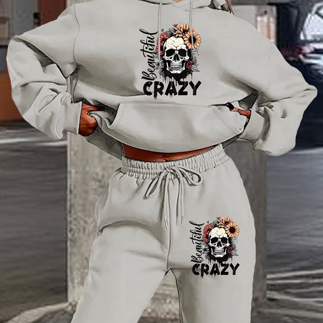 Women's 2024 New Skull Letter Print Hoodie and Pants Set, Casual Polyester Knit Sweatshirt with Drawstring Hood, Geometric Pattern, Pocket Detail, Autumn/Winter Fashion Outfit
