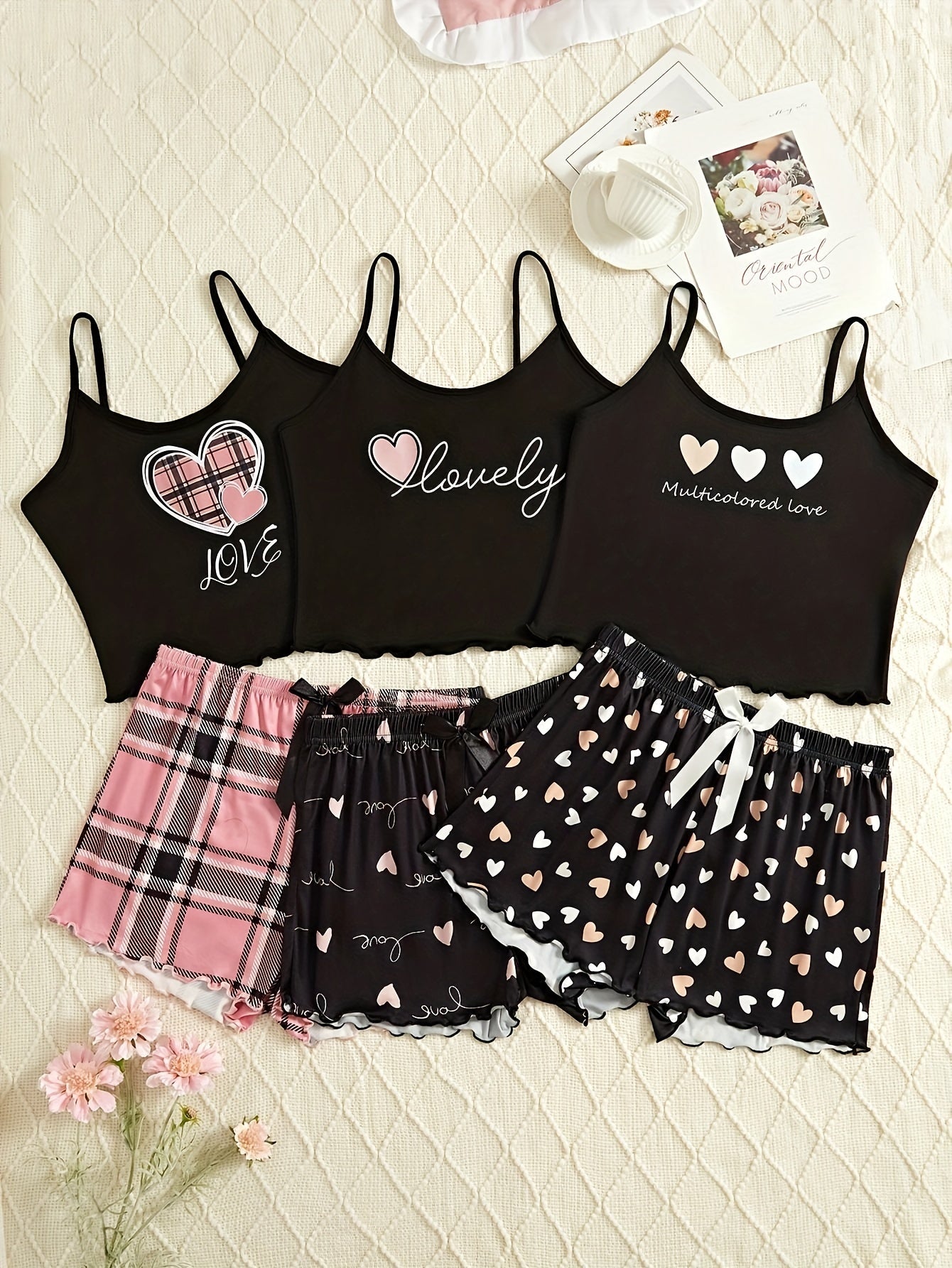Women's Cute Cartoon Heart Print Pajama Sets, 6-Piece Triple Pack, Knit Polyester Fabric with Elastane Stretch, Crew Neck, All Season Comfort, Patterned Sleepwear for Adults