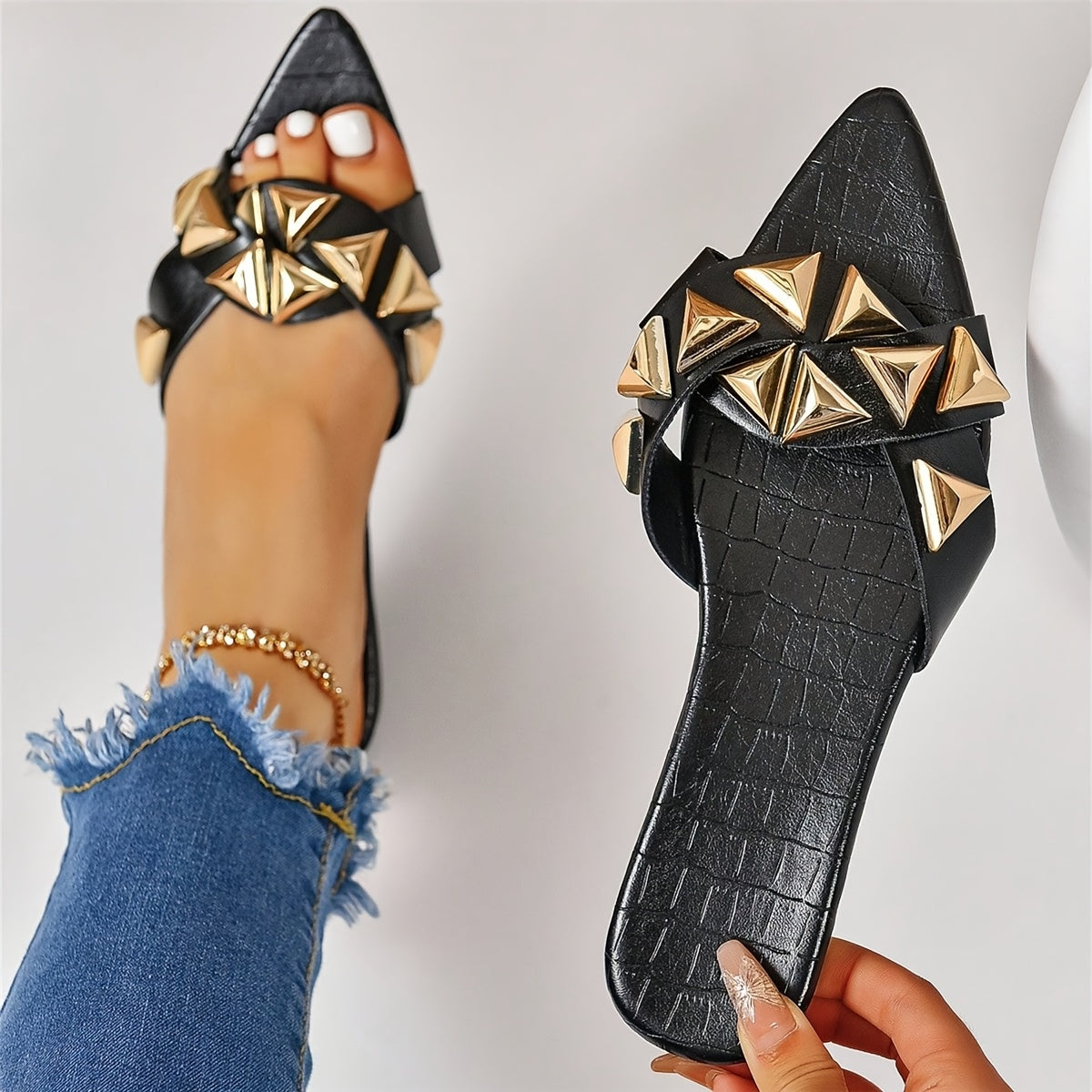1 Pair Women'S Summer Fashion Metal Buckle Pointed Toe Flat Slides, Open Toe Comfortable Non-Slip Versatile Casual Sandals, Faux Upper and Rubber Sole, Elegant Simple Design