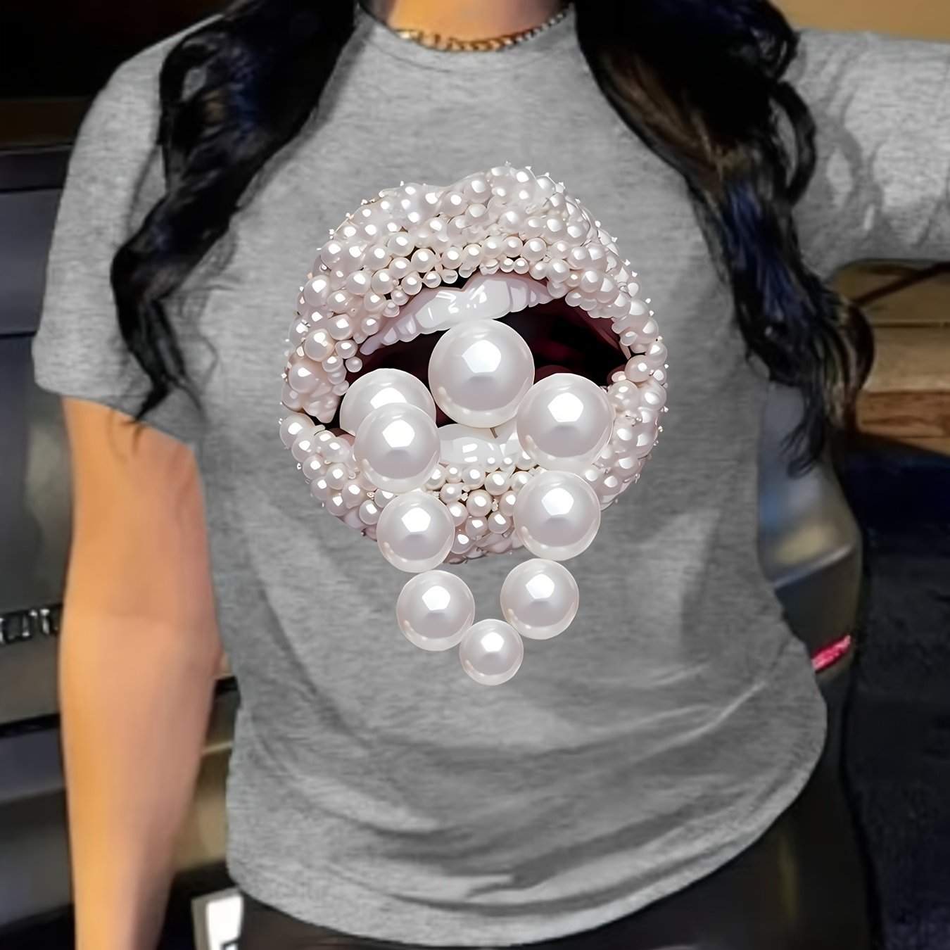 Art Jewelry Lip Pattern Art Print T-shirt, Trendy Fashion Women'S T-shirt, Summer Short Sleeve Top Casual