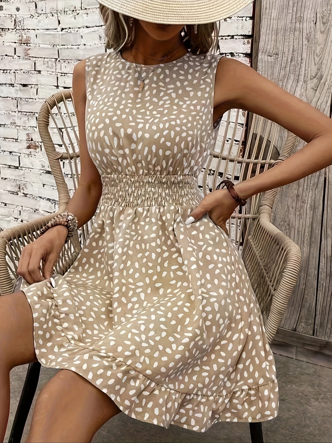 Allover Print Crew Neck Tank Dress, Elegant Shirred Waist Ruffle Hem A-line Dress For Spring & Summer, Women's Clothing