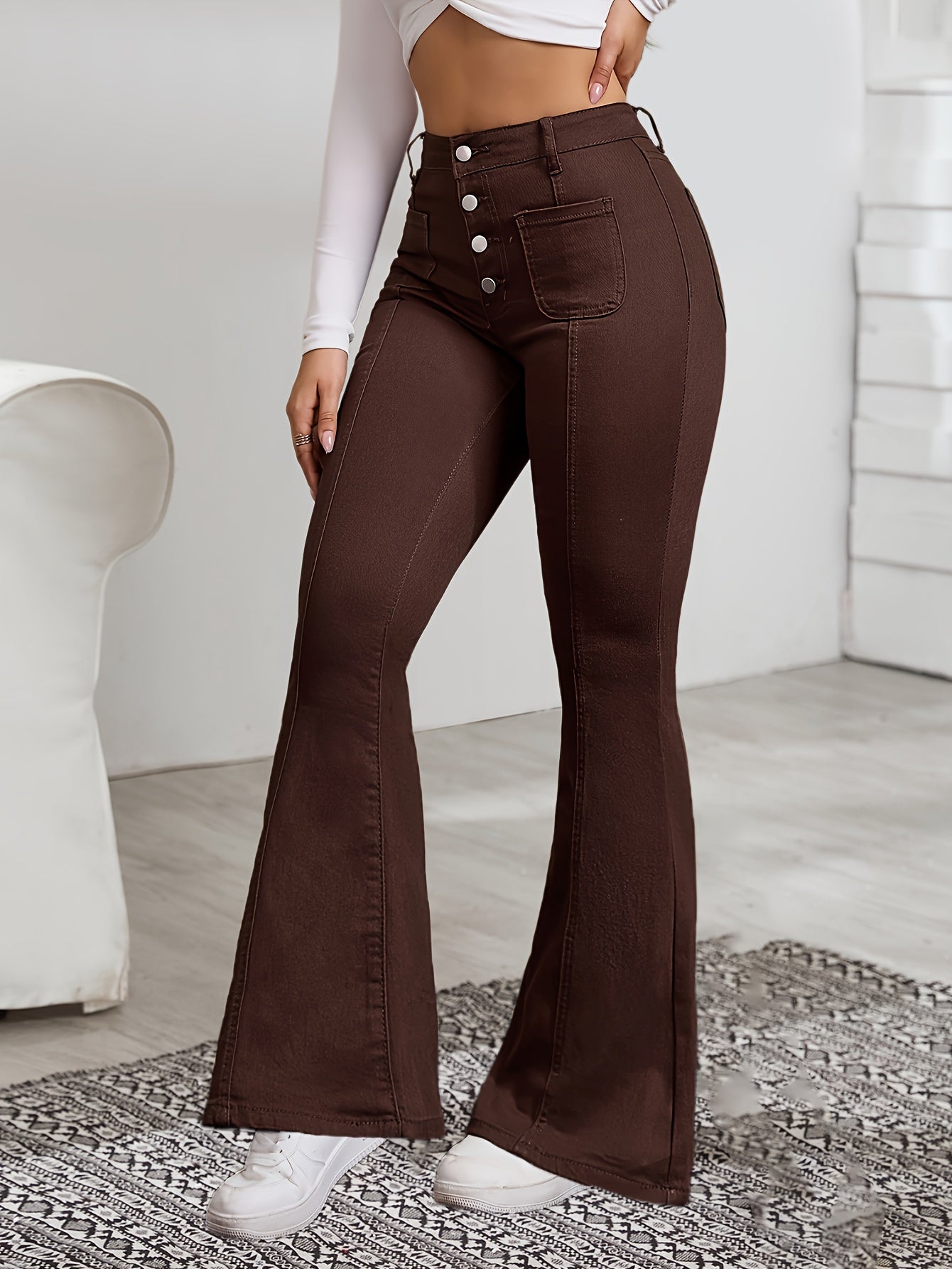 1pc Women'S High Waist Coffee Brown Flare Jeans, Casual Solid Color Denim, All-Season Long Pants with Button Fly, Skinny Fit, Washed Detail, Woven Fabric, Stretchy (98% Rayon, 2% Spandex)