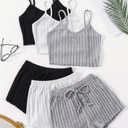 Three Sets for Spring And Summer, a Total of Six Pieces, Women'S Solid Color Camisole And Shorts Sleepwear Set.