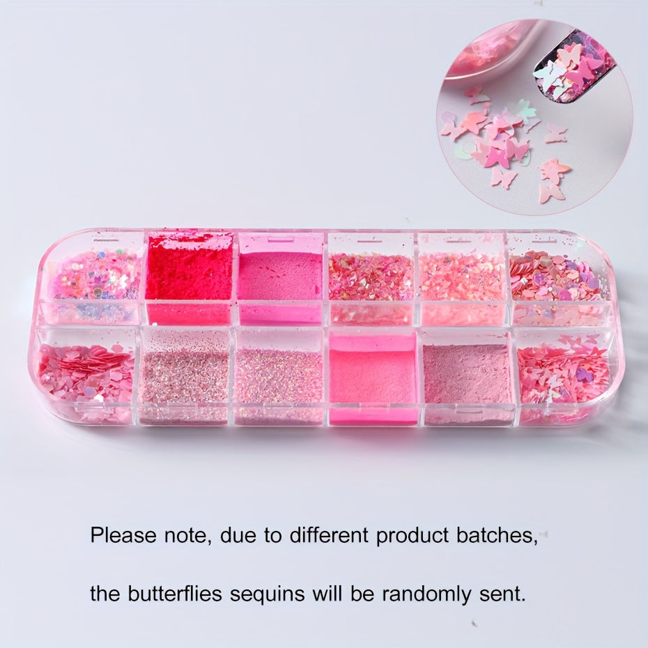 FULL BEAUTY 12 Grids Pink Glitter Nail Flakes, Holographic Hexagon Irregular Sequins, Sliced Sparkly Crystal Pigment Powder for Manicure Decoration, Hypoallergenic Rectangle Shape, Nail Charms