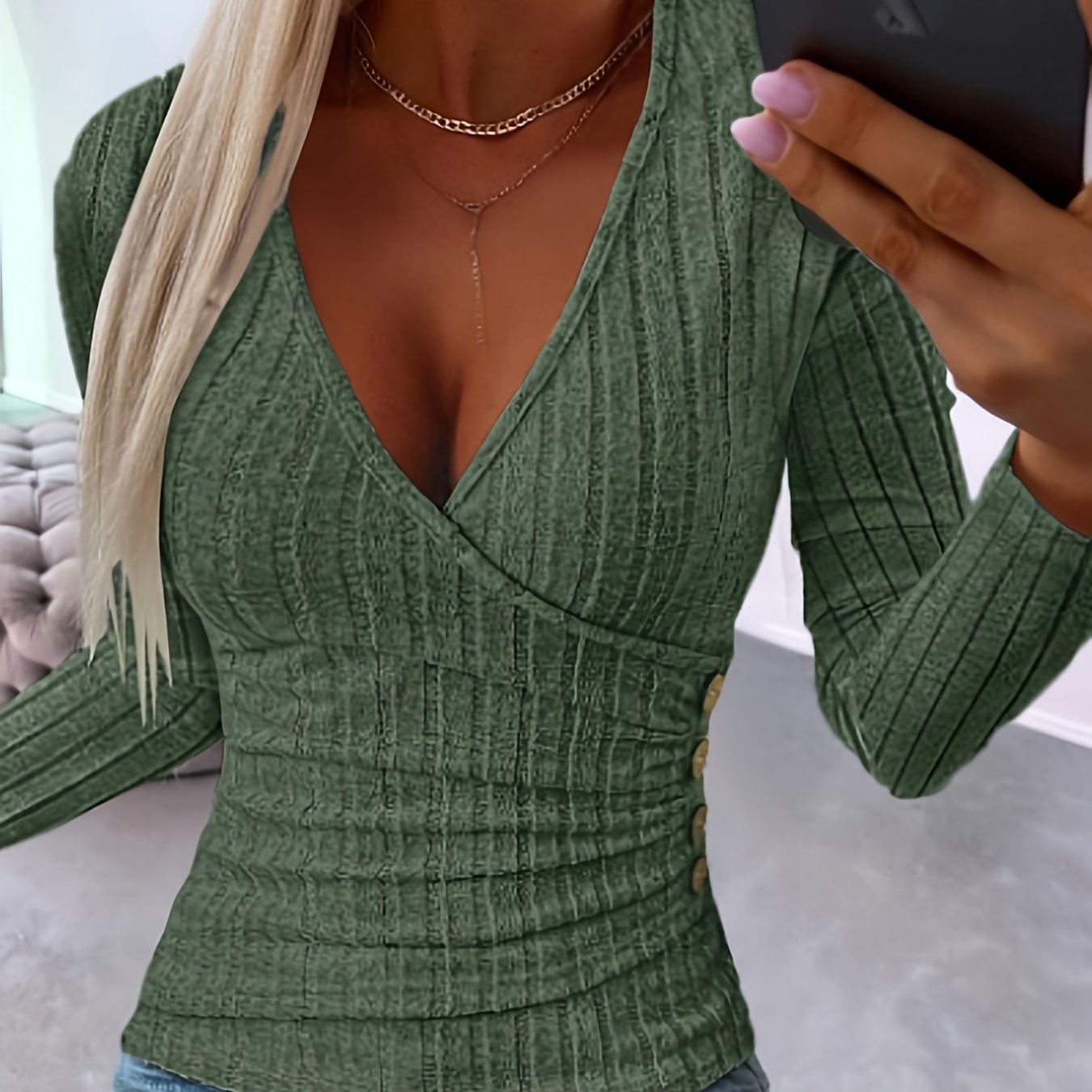 Stylish Maroon Long Sleeve V-Neck Knit Top for Women - Slim Fit Ribbed Blouse with Crisscross Detail, Perfect for Casual Streetwear & Club Nights Out