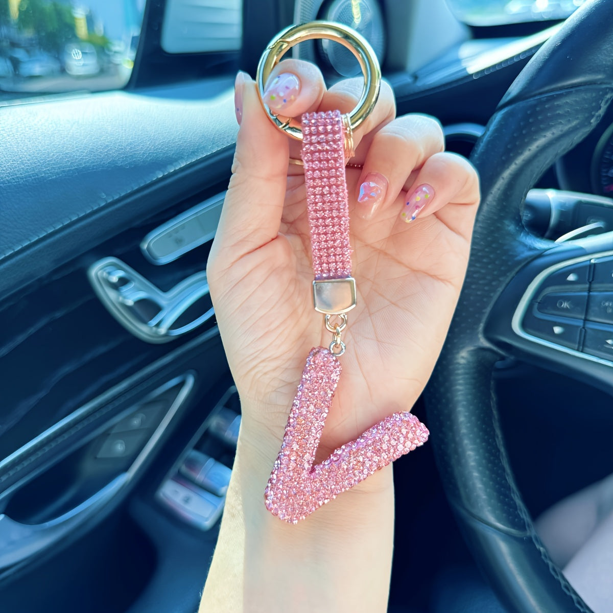 Personalized Rhinestone Initial Keychain – Shiny Pink Alphabet A–Z Charm Pendant for Women – Decorative Alloy Key Ring with Buckle – Birthday & Festival Gift