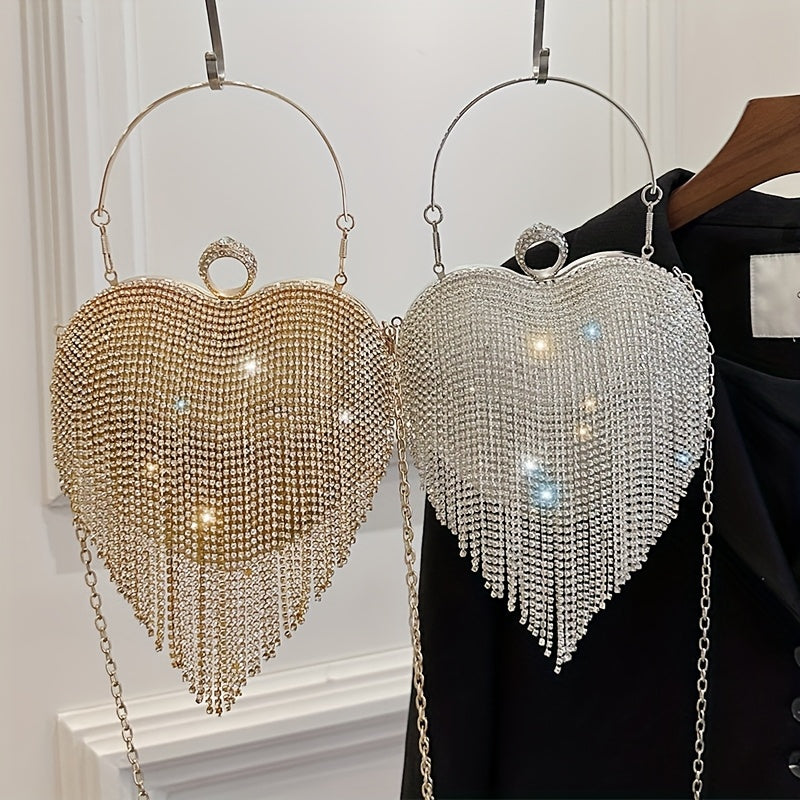 Elegant Heart-Shaped Rhinestone Evening Clutch with Tassel, Lightweight Acrylic Party Handbag with Removable Strap, Buckle Closure, Rayon Lined, No Pattern Design for Valentine'S Day