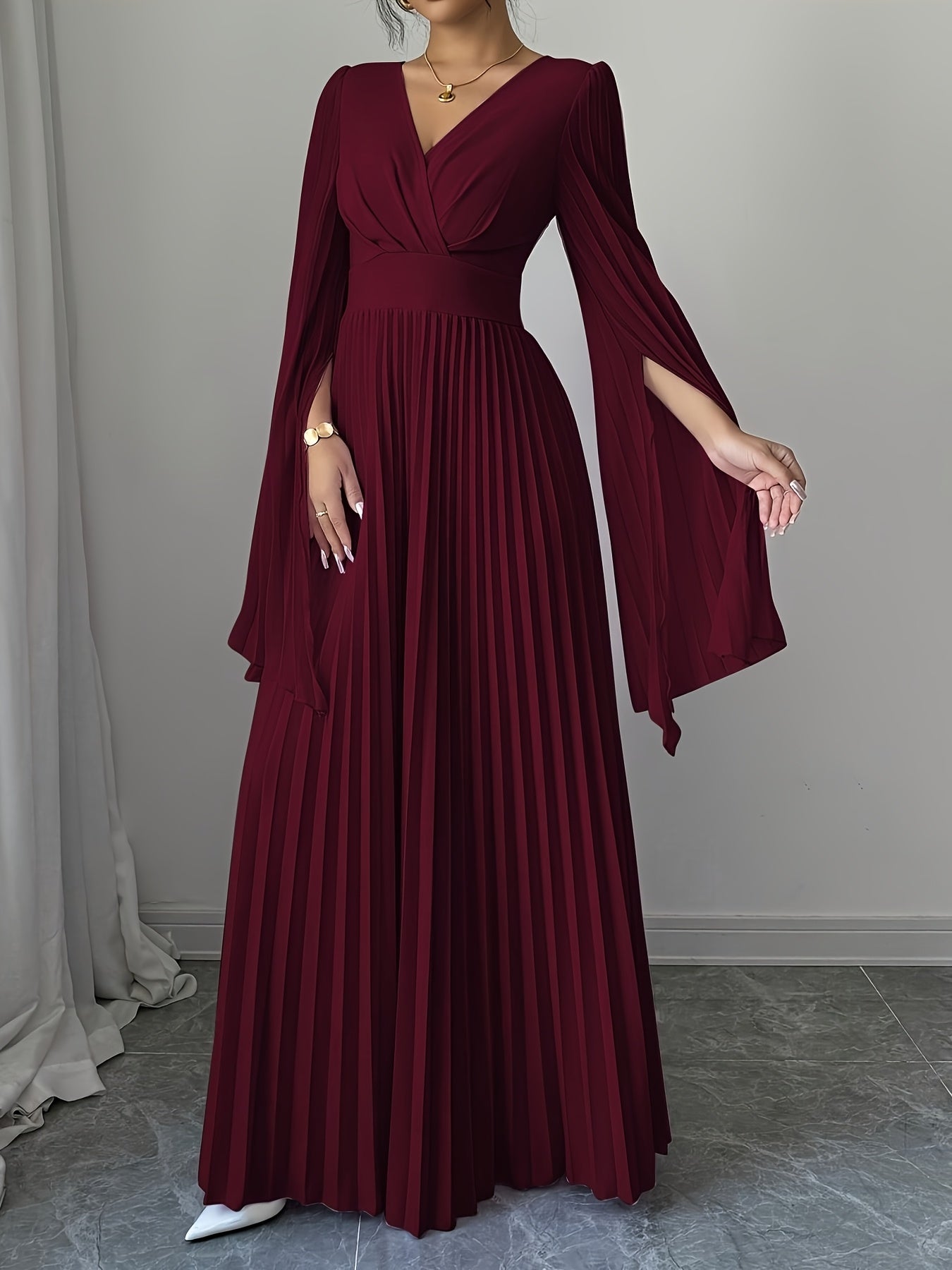Elegant V-Neck Ruffle Sleeve Maxi Dress - Deep Red, Long Flowing Gown with Puffy Sleeves, Perfect for Parties & Formal Events, Formal Attire|Ruffle Detail|Vneckline