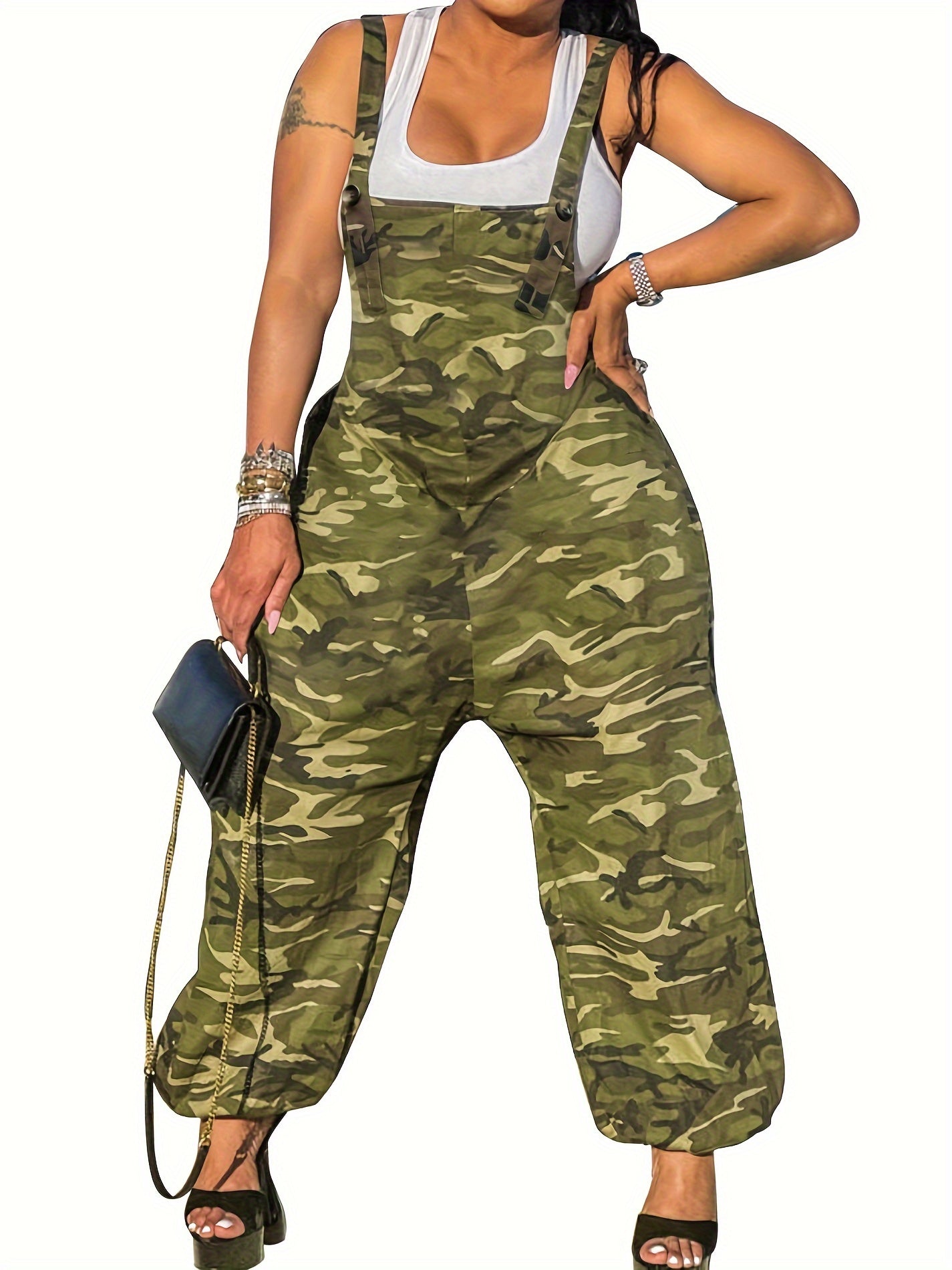 Women'S Camo Print Jumpsuit, Adjustable Straps, Casual Polyester 95% Elastane 5% Blend, Long Length, Button Detail, Woven Fabric, All Seasons, Strappy Back Design