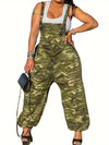 Women'S Camo Print Jumpsuit, Adjustable Straps, Casual Polyester 95% Elastane 5% Blend, Long Length, Button Detail, Woven Fabric, All Seasons, Strappy Back Design