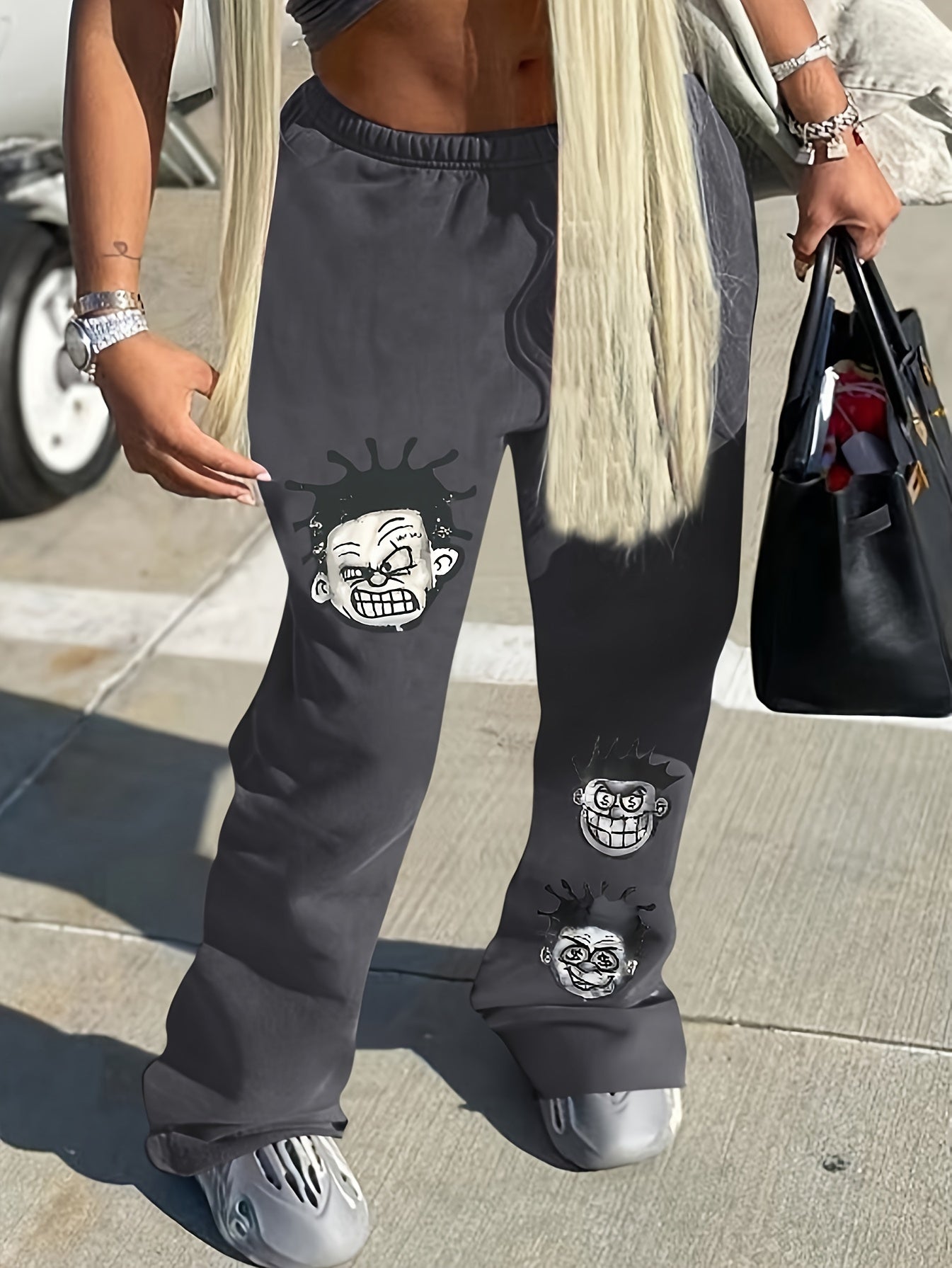 Y2K Wide Leg Polyester Pants with Cartoon Portrait Print - Fall/Winter Knit Fabric Trousers, 95% Polyester 5% Spandex, Adult Unisex