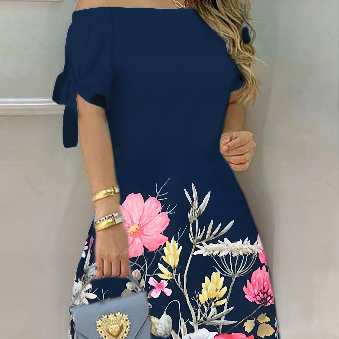 Floral Print Off Shoulder Dress, Elegant Knot Detail Slim Dress For Spring & Summer - Women's Clothing - Soft, Flowy Fabric - Perfect for Casual & Party Occasions - Ideal Gift for Women