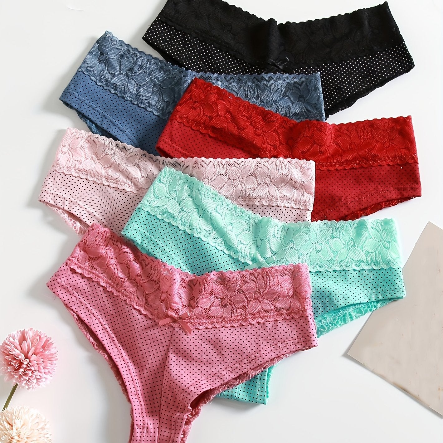 6pcs Polka Dot Pattern Trendy Panties, Comfortable Contrasting Lace Panties, Women's Panties