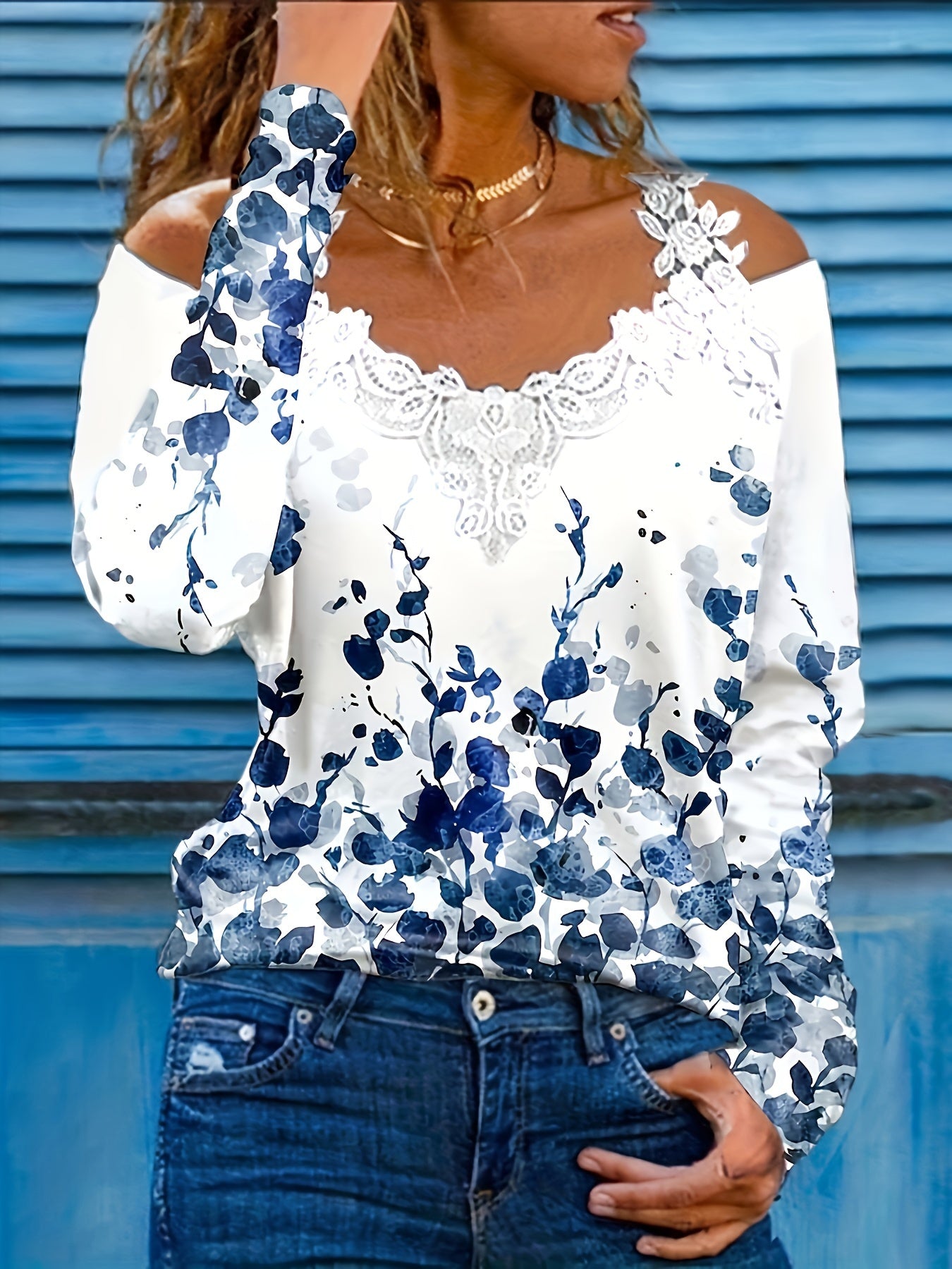 Spring And Autumn New Casual Plant Print Lace T-shirt Off-shoulder Long-sleeved Top -  For Women - Suitable for Casual Wear - Perfect Gift for Fashion Lovers