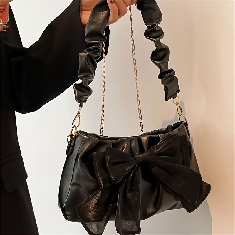 Four One Chic Sweet Style Bowknot Shoulder Bag, Solid Color Messenger Handbag with Magnetic Closure and Polyester Lining