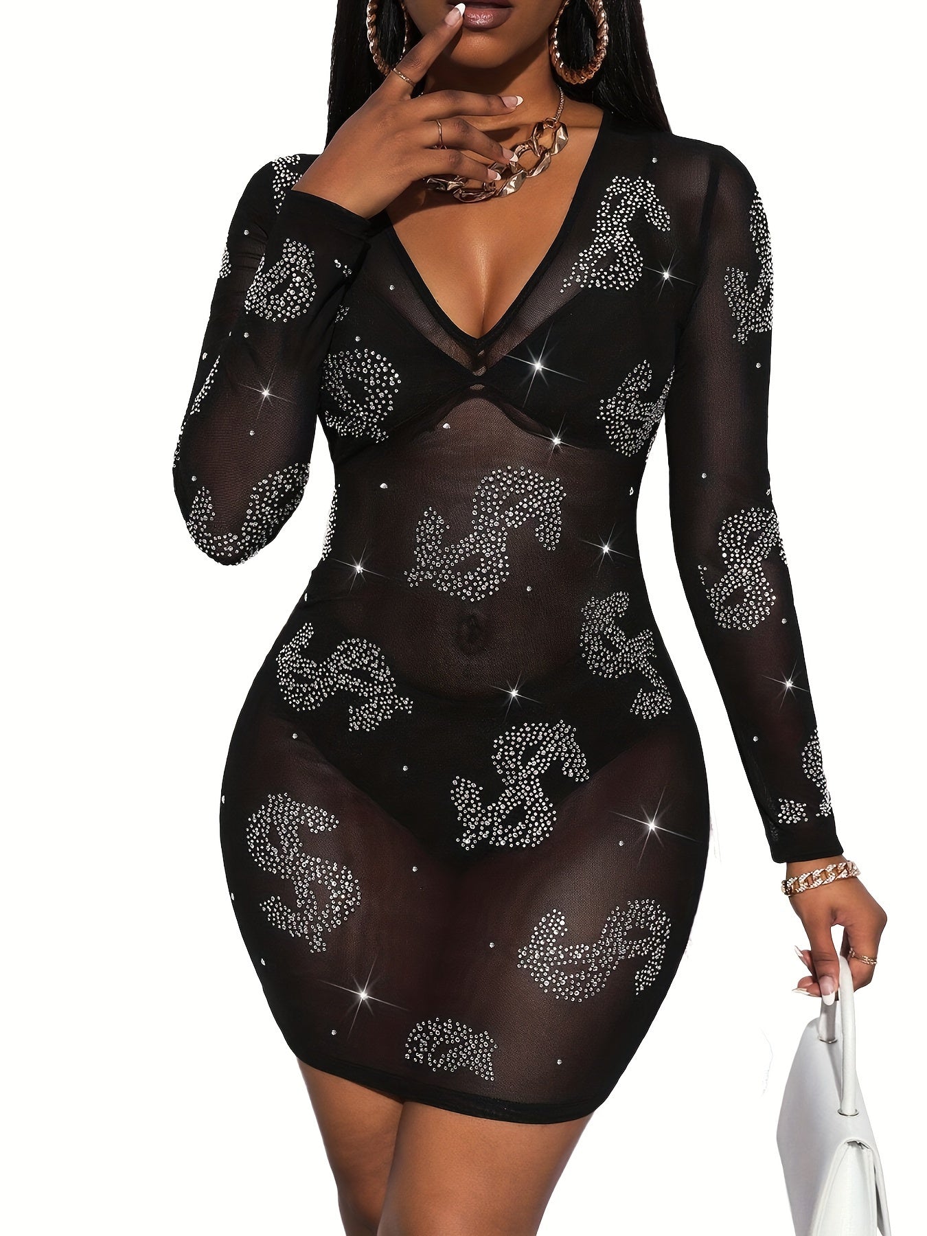 [Sexy Rhinestone Bodycon Dress] Rhinestone Mesh Bodycon Dress - No Bra Set, Sexy Dollar Pattern