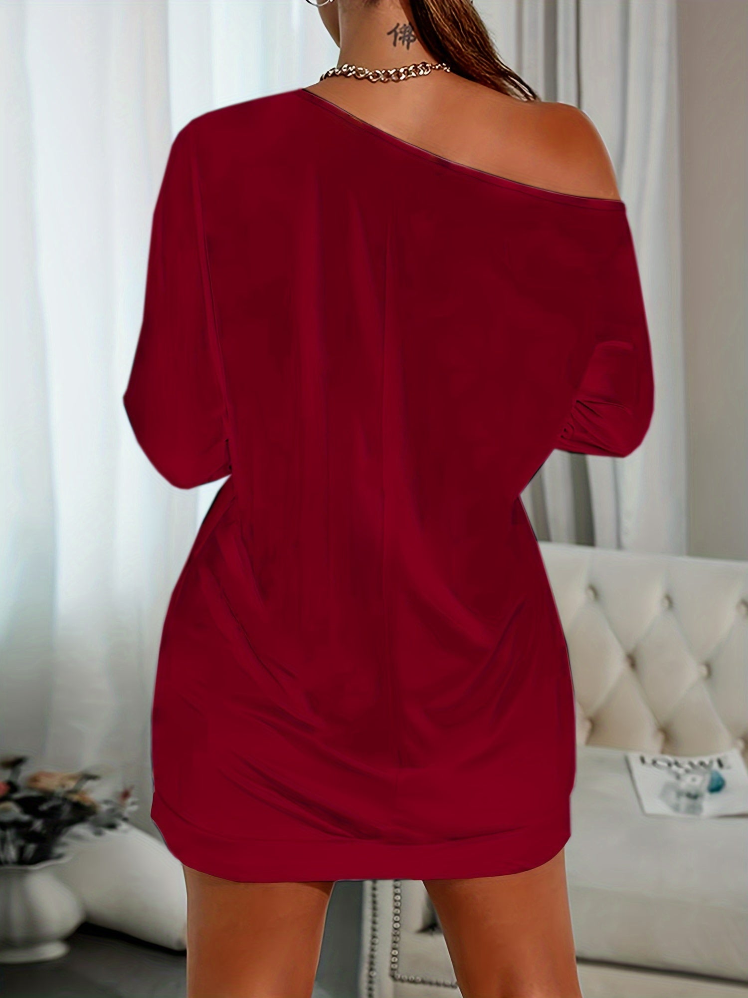 Women's Poker Print Sexy Lounge Dress, One Shoulder Long Sleeve Slash Neck Dress, Comfortable Home Wear For Fall