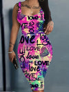 Love Letter Print Tank Dress, Casual Slim Bag Hip Random Printing Dress, Women's Clothing