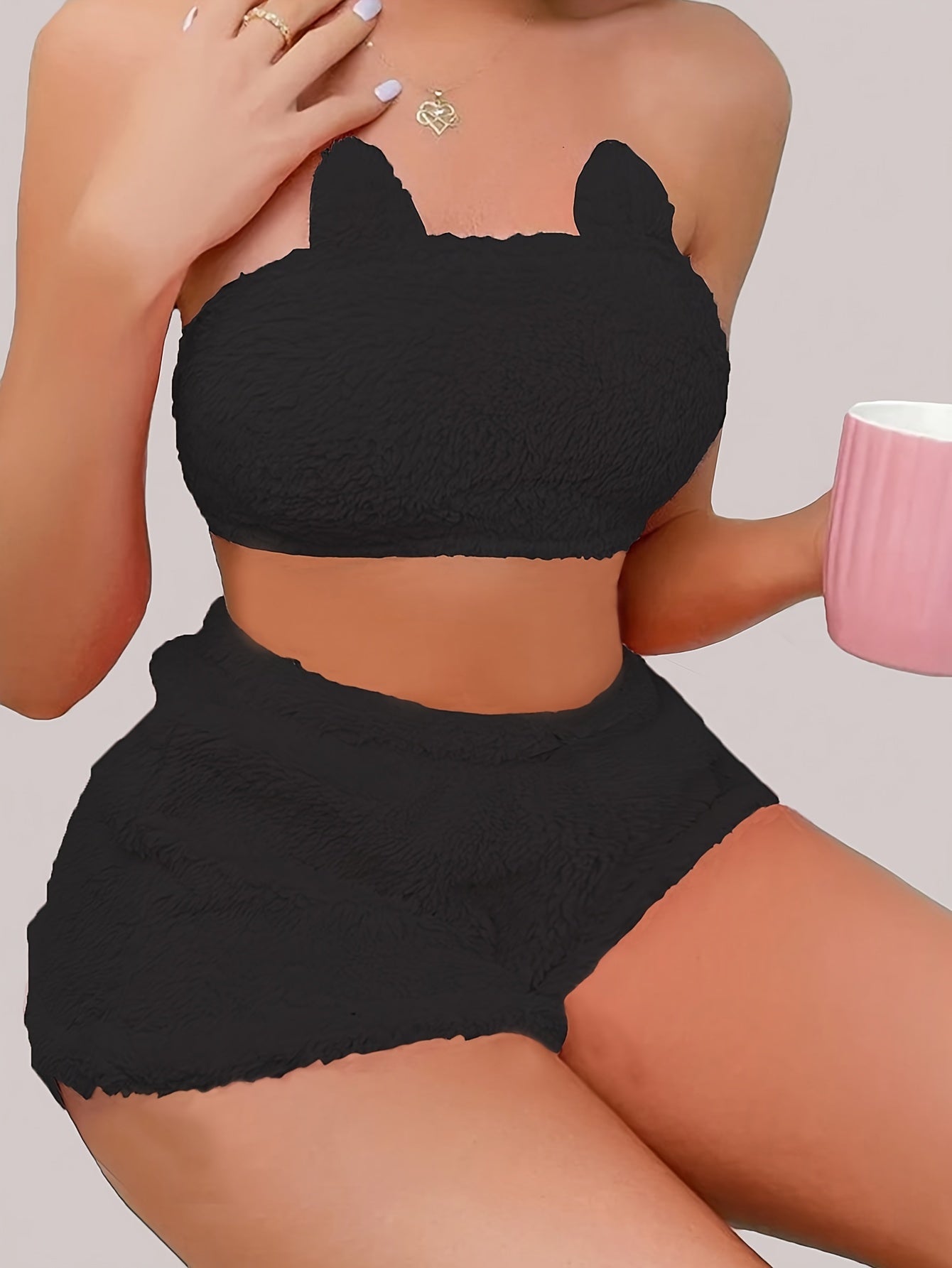 Plush Lounge Set - Sexy Solid Tube Crop Top & Elastic Shorts - Women's Fall & Winter Loungewear