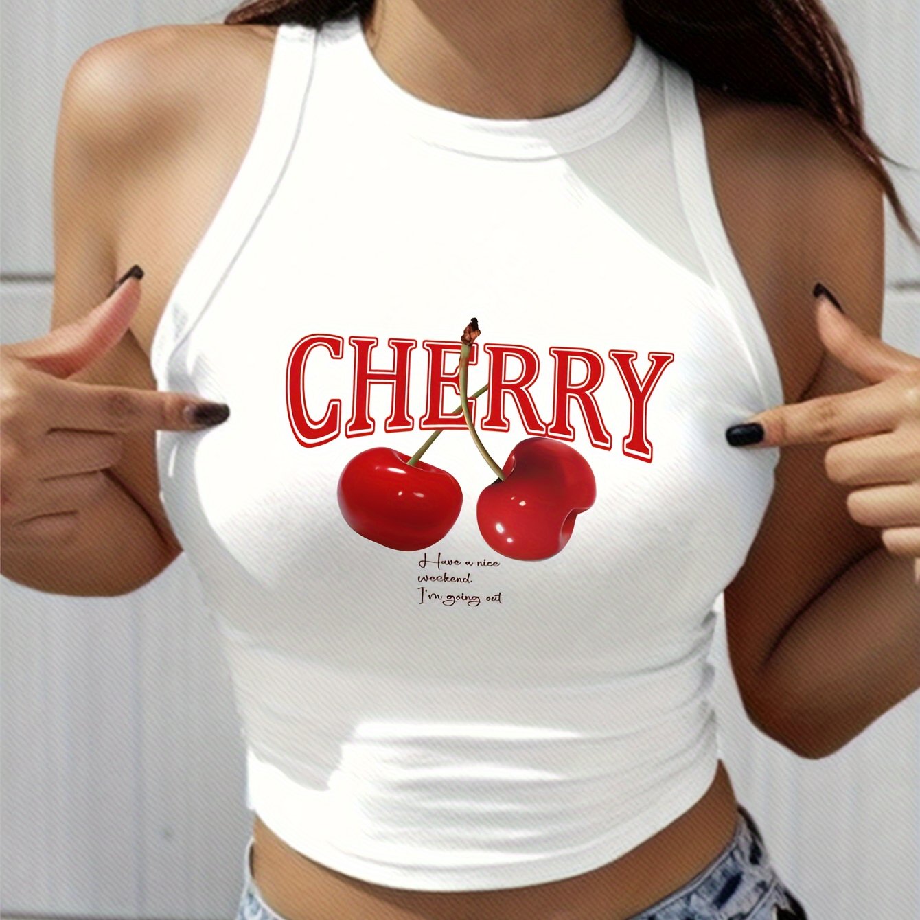 Women's Elegant Cherry Print Crop Top Tank - Stretchy Polyester Blend, Round Neck, Machine Washable, Semi-Sheer Geometric Pattern Sleeveless Vest