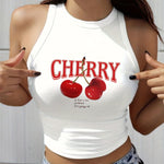 Women's Elegant Cherry Print Crop Top Tank - Stretchy Polyester Blend, Round Neck, Machine Washable, Semi-Sheer Geometric Pattern Sleeveless Vest