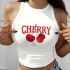 Women's Elegant Cherry Print Crop Top Tank - Stretchy Polyester Blend, Round Neck, Machine Washable, Semi-Sheer Geometric Pattern Sleeveless Vest