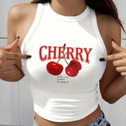 Women's Elegant Cherry Print Crop Top Tank - Stretchy Polyester Blend, Round Neck, Machine Washable, Semi-Sheer Geometric Pattern Sleeveless Vest