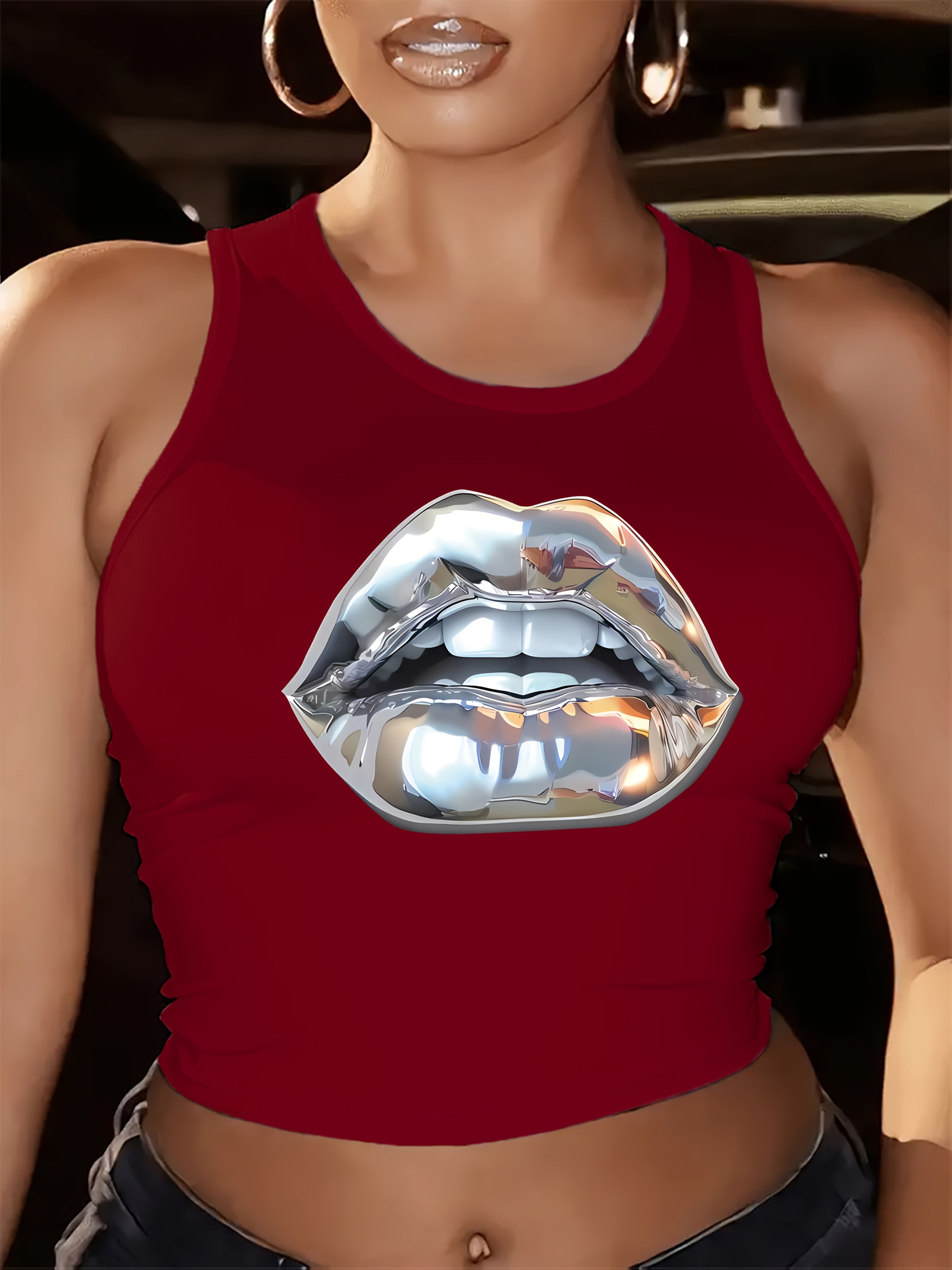 [Casual Fashion Crew Neck Vest] Lip Pattern Vest, Sleeveless Casual Fashion Crew Neck Vest, Spring/ Summer Women's Top