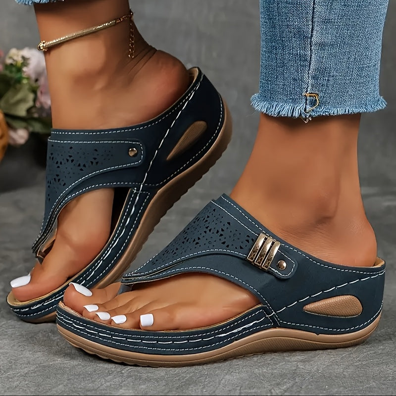 Women's Open Toe Wedge Slide Sandals – Perforated Faux Cover, Arch Support, Hook-and-Loop Closure, Soft Rubber Sole, All-Season Comfort