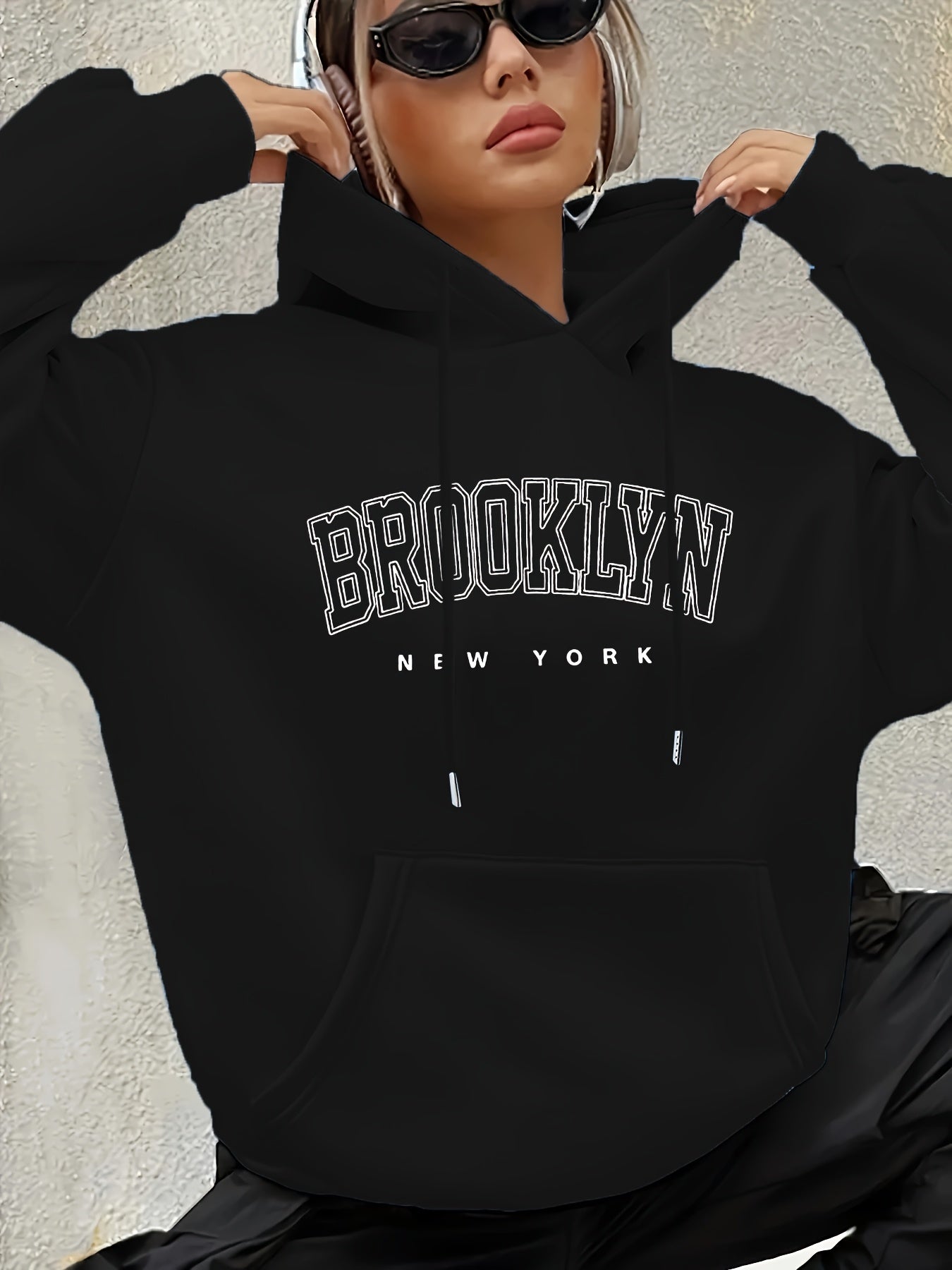 Women's Brooklyn-Inspired Blue Hoodie - Casual Polyester Pullover with Geometric Design, Machine Washable, Ideal for Spring/Summer/Fall, Casual Wear Hoodie | Trendy Casual Hoodie | Knitted Texture, Sweater Hoodie