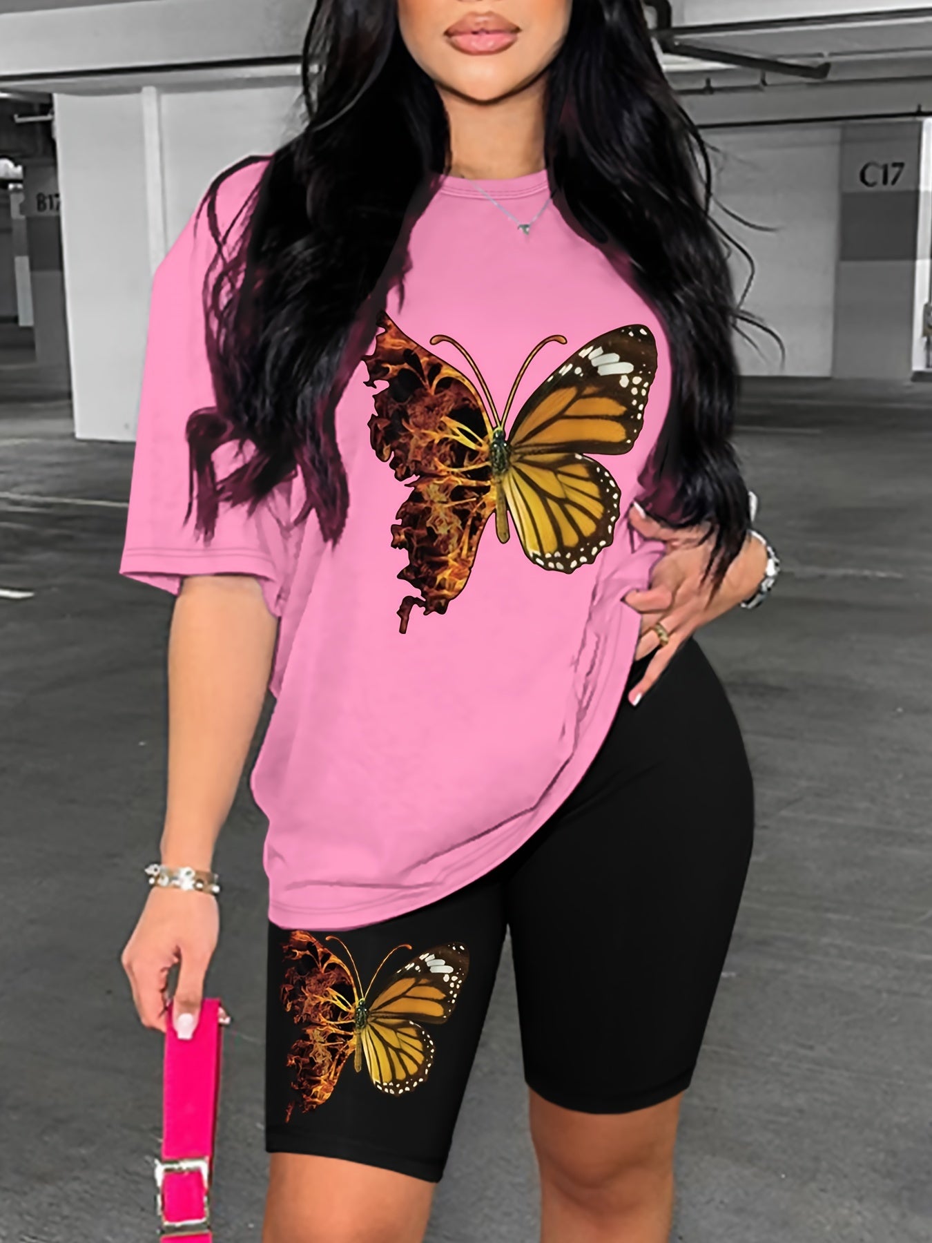 Butterfly Print Matching Two-piece Set, Casual Short Sleeve T-shirt & Skinny Shorts Outfits, Women's Clothing