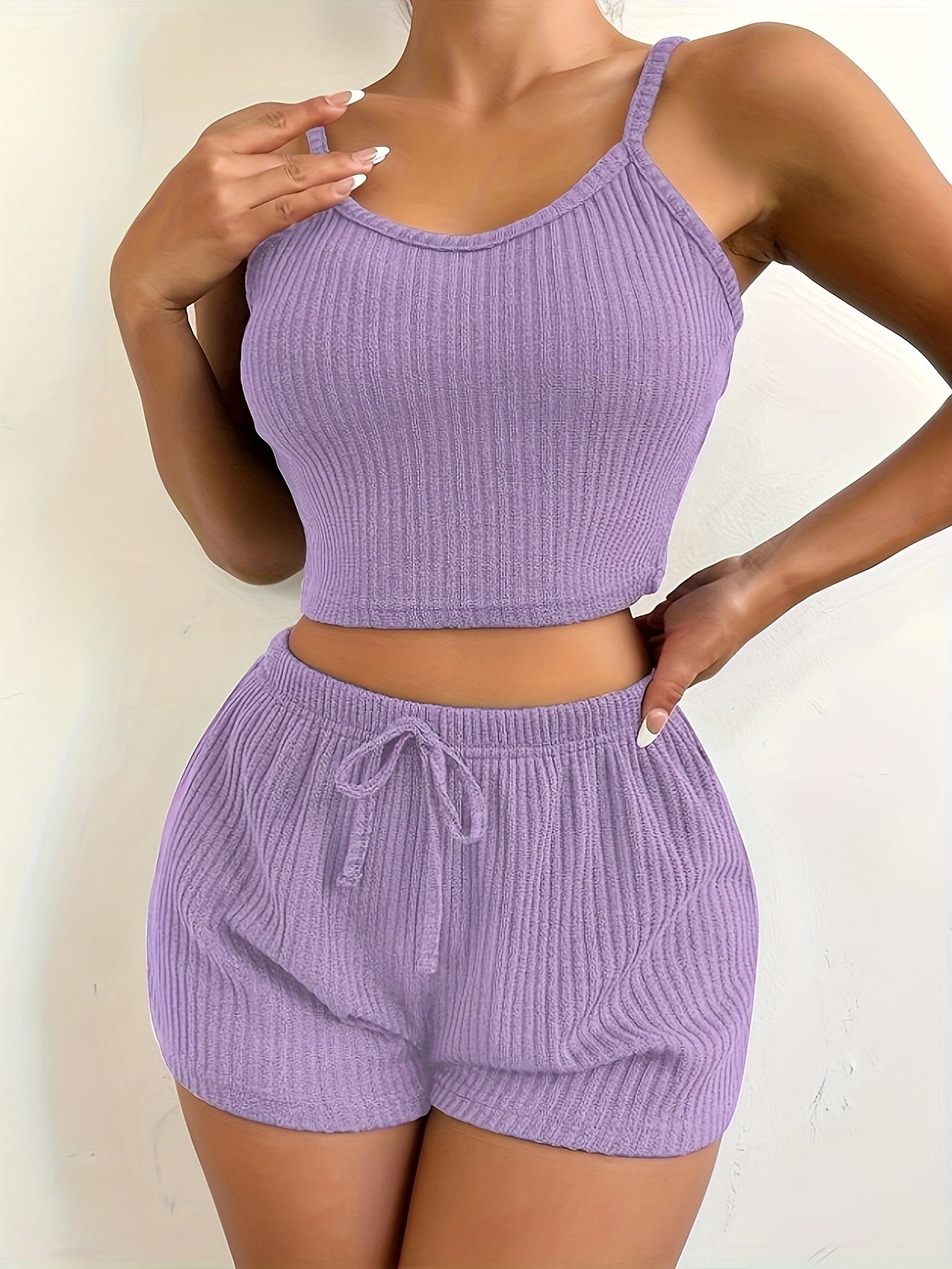 Solid Ribbed Slim Fit Lounge Set, Casual Round Neck Crop Cami Top & Drawstring Shorts, Women's Loungewear