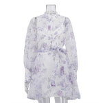 Stand-collar Long-sleeve Tie-front Printed Dress