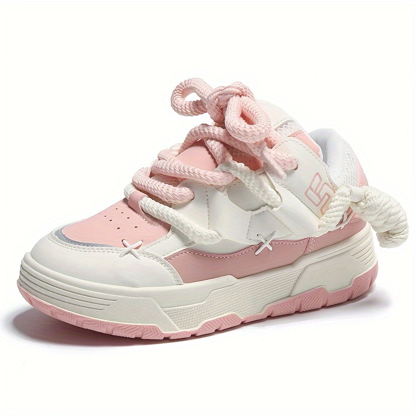 Women's Cute Chunky Lace-Up Sneakers - Pink, Low-Top, Thick Sole, Casual Athletic Shoes - Fabric/PU Upper, Rubber Sole, All-Season Design