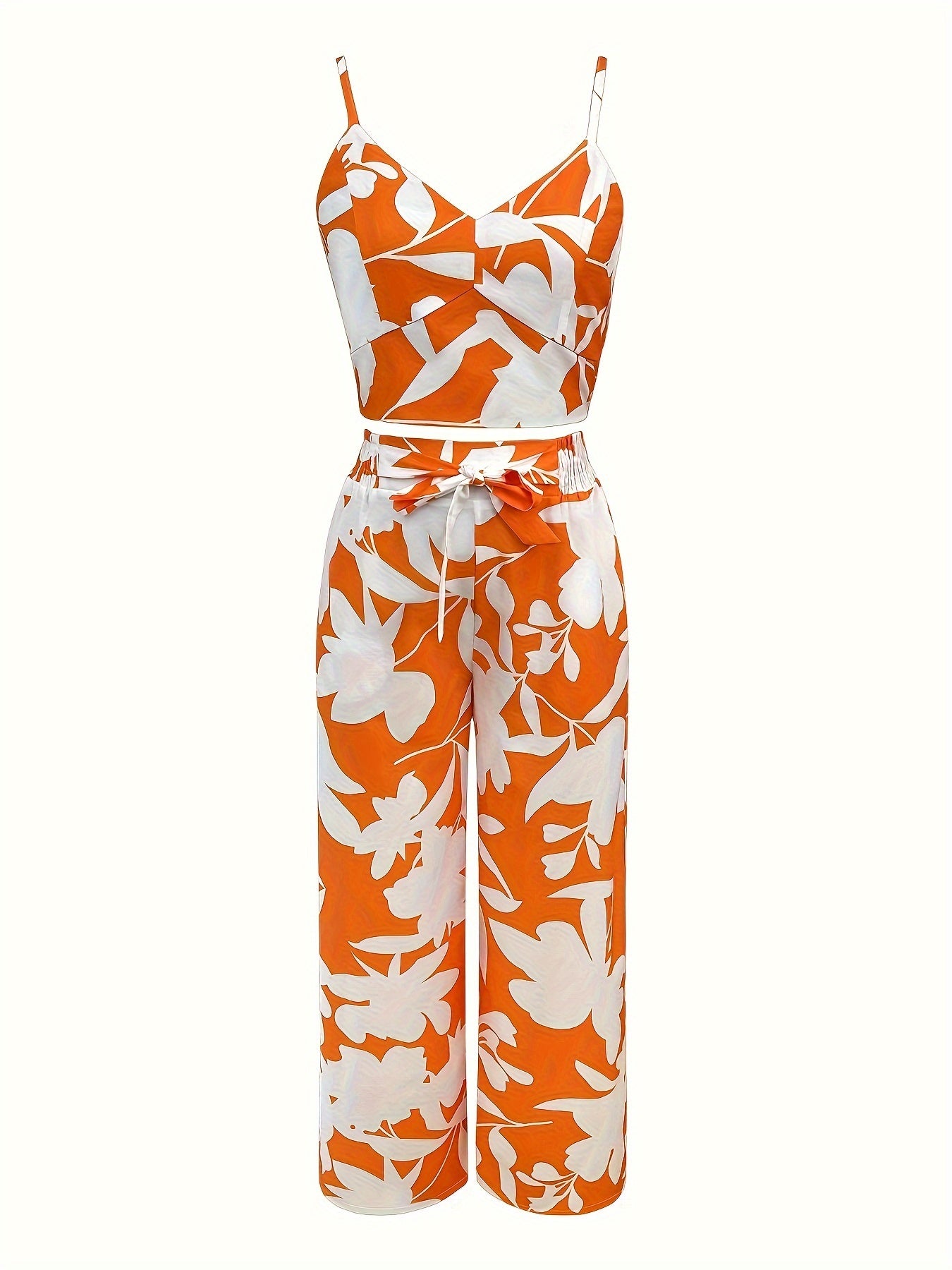 V Neck Backless Crop Cami Top & High Waist Wide Leg Tie Pants Leaf Print Casual Pantsuits, Women's Clothing