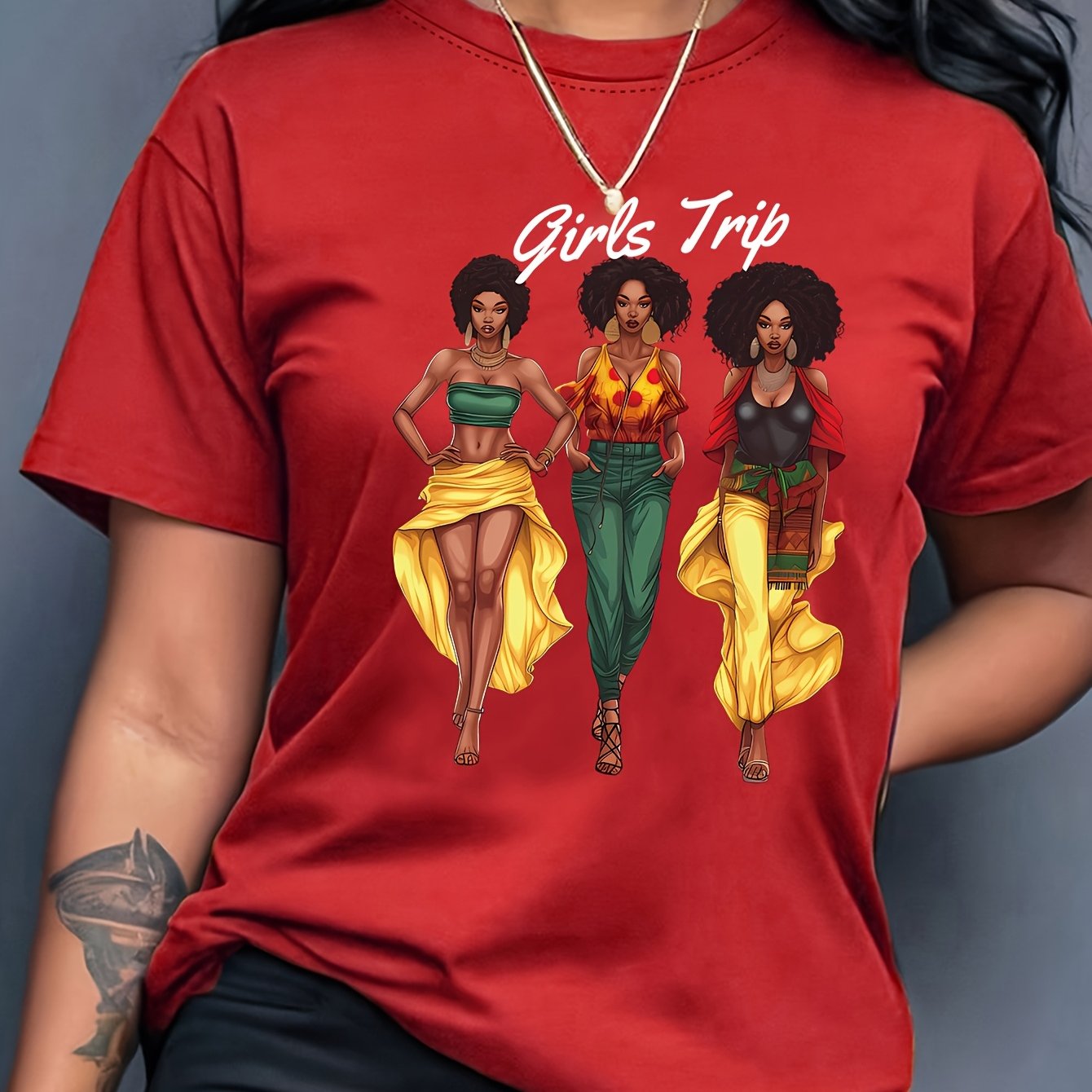 Women'S " Trip" Graphic T-Shirt - Casual Red Crew Neck Short Sleeve Top with Vibrant Floral Design, Perfect for Spring & Summer, Casual Wear|Vibrant Print|Comfortable Fit