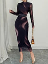 Elegant Geometric Print Chiffon Maxi Dress for Women - Long Sleeve, Stand Collar, Polyester Blend, All-Season Wear, Perfect for Adult, Elegant Attire|Geometric Pattern|Polyester Blend