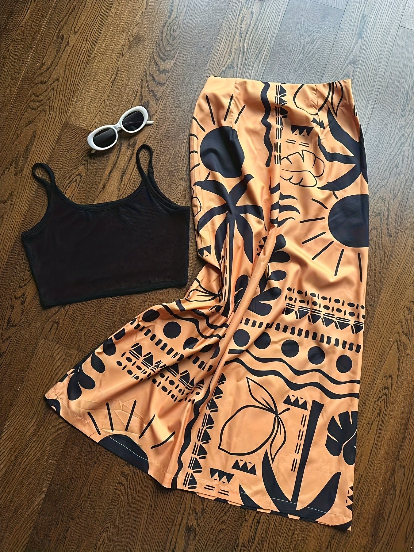Summer Vacation Black Camisole + Print Skirt Set