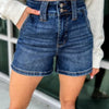 2025 Summer Women's High Waist Stretch Denim Shorts - Double Buckle Retro Style, Dark Blue Casual Versatile Shorts, Machine Washable, Casual Attire, Classic Five-Pocket Design