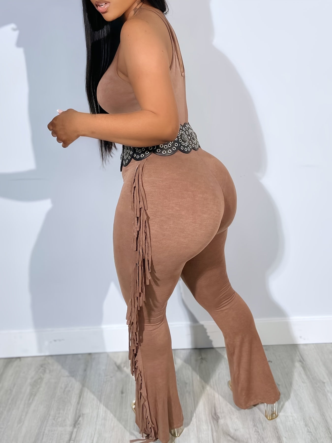 Women'S Casual Brown Fringe Jumpsuit - Comfortable Sleeveless Unitard with Tassel Details, All-Season Wear, Adult Size, Casual Attire | Fringe Detailing | Sleeveless Jumpsuit